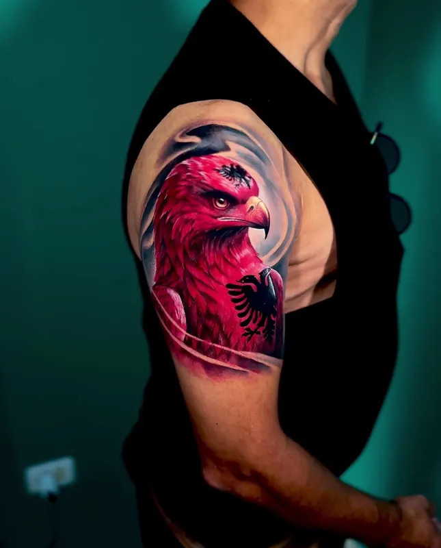 A custom Albanian double-headed eagle tattooed on a shoulder