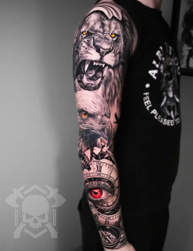 Full sleeve with a roaring lion, clock and red eye