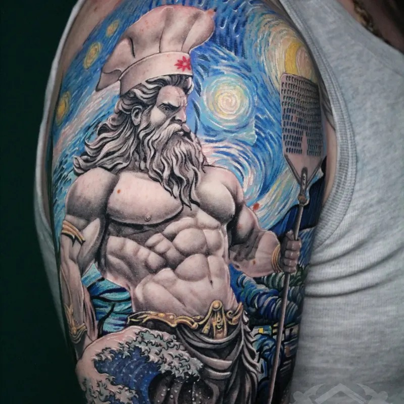 Colour realism half sleeve: Poseidon over a Starry Night sky