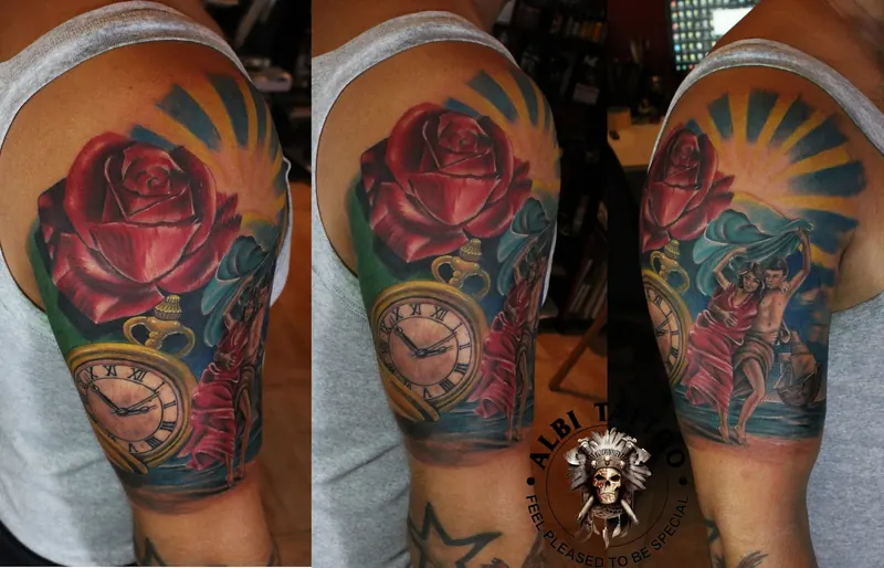 Rose and pocket-watch shoulder piece, shown from three angles