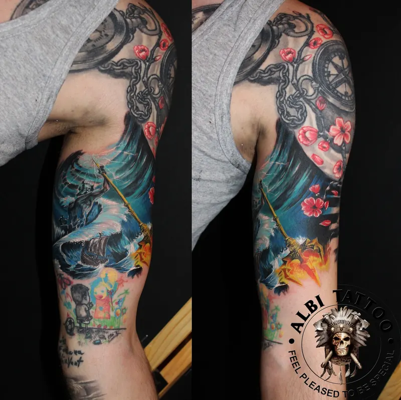 Colour sleeve with waves, chains and cherry blossoms